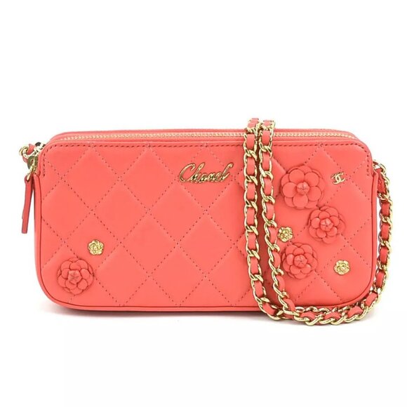 Auth CHANEL Matelasse Camellia Wallet Chain Crossbody Bag Pink Leather - Picture 1 of 16